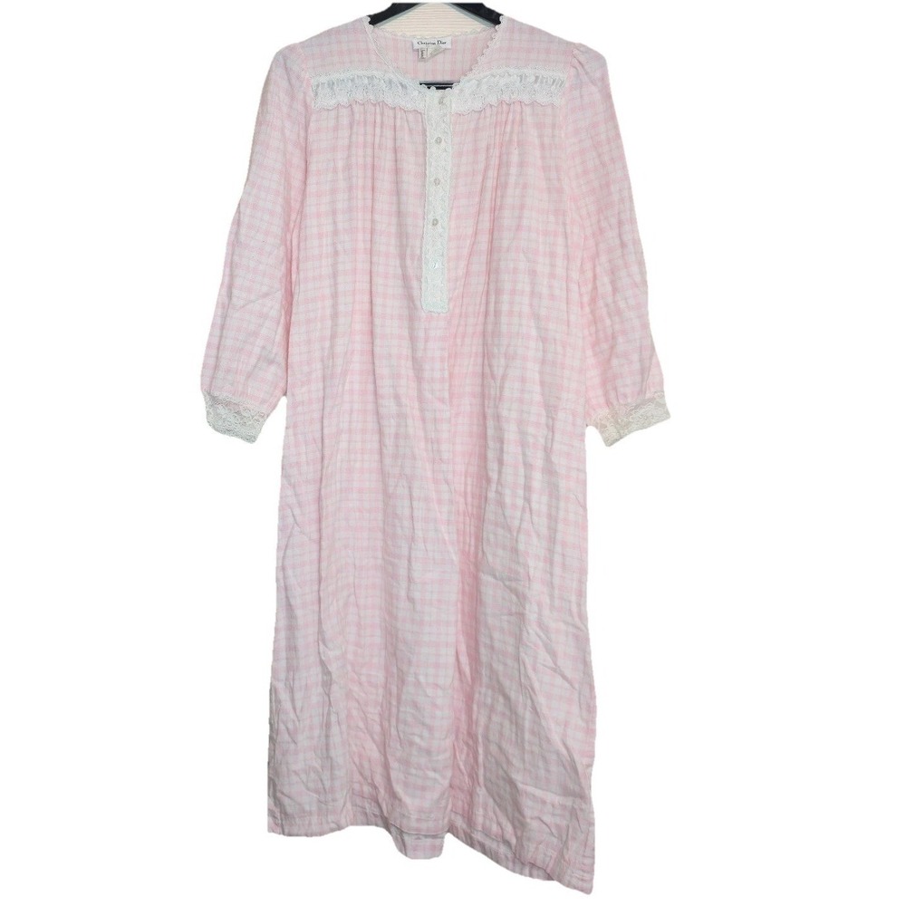 Christian Dior Pink Gingham Lace Trim Nightgown‎ Robe Sleepwear L